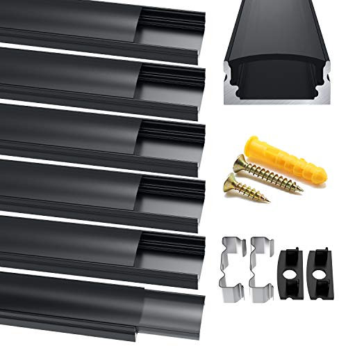 Chesbung Profilé LED en Aluminium - 6 x 1 m - En Forme de U - Pour Bandes LED (1-12 mm) - Avec Embouts - Clips de Fixation en Métal et Matériel de Montage