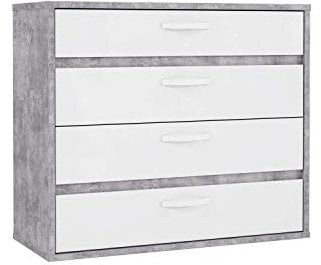 FORTE Canmore Kommode mit 4 Schubladen, Holzwerkstoff, Betonoptik Lichtgrau / Weiß Hochglanz, 99,5 x 86,3 x 41,5 cm