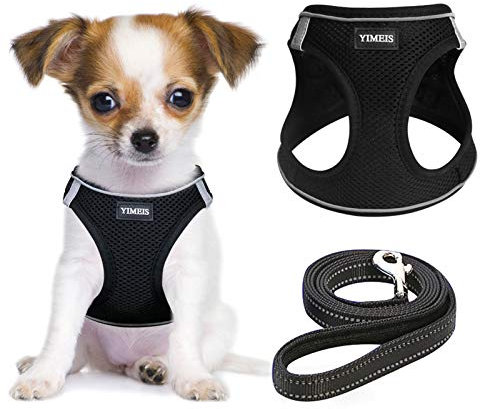 YIMEIS Hundegeschirr und Leine Set, No Pull Soft Mesh Pet Harness Reflektierende Verstellbare Welpen Weste für Kleine Hunde Katzen (XS, Schwarz)