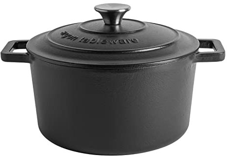 Argon Tableware Casserole Dish Cast Iron Shallow Enameled Dutch Oven Pan with Self-Basting Lid for Roasting, Braising, Stews and Curries - 4.5 Litre - Matte Black