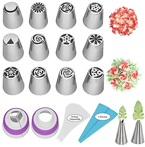 27 Pezzi Beccucci Sac a Poche Russi Professionali, Decorazione Torta Kit, Decorazioni Torta Pasticceria Set di Beccucci, Cake Decorating Tools with 12 Russi Piping Tips e 11 Icing Piping Bag (Viola)