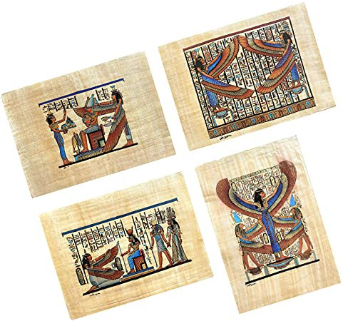 NileCart Sammlung von 4 Bögen Ägyptischer Papyrusgemälde, original handbemaltes Papyrus-Papier, altägyptische Größe 22,9 x 33 cm. Handgefertigt in Ägypten. (ISIS-Kollektion)