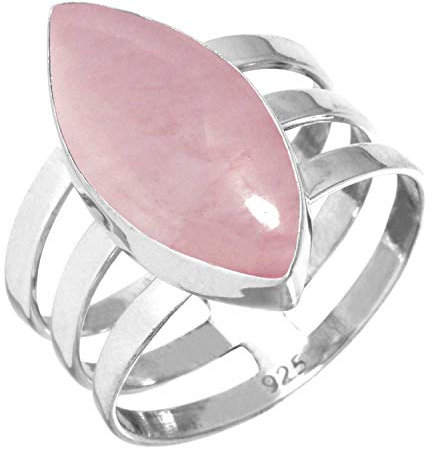 Jeweloporium Rosa Rosenquarz Silberring Größe 62 (19,7), 925 Sterling Silber Ring für Damen, Marquise Edelstein Boho Schmuck