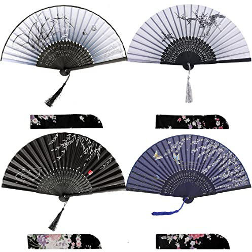 iZoeL Fächer Hochzeit Handfächer 4Stk Hochzeitsfächer Brautfächer Stofffächer Taschenfächer Faltfächer Gastgeschenk Taufe Kommunion mit Beutel (2 Grau + Schwarz+ Blau)