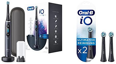 Oral-B iO Series 8 Elektrische Zahnbürste/Electric Toothbrush, 6 Putzmodi, Magnet-Technologie, Limited Edition, black onyx & iO Ultimative Reinigung Aufsteckbürsten, 2 Stück, schwarz