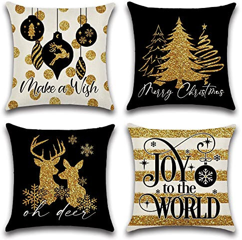 Artscope 4er Set Weihnachten Kissenbezug 45x45cm Weihnachten Kissen Set, Wohnkultur Leinen Dekokissen Schwarz Gold Muster Kissenhülle Sofakissen für Sofa
