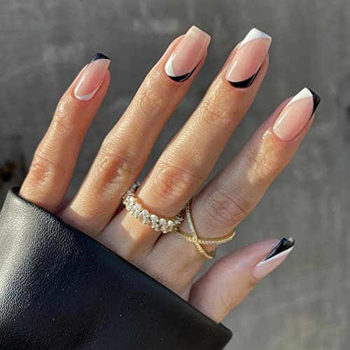 Sethexy Faux Ongles Français Carré Court Ongles a coller Noir Capsules Ongles Brillant 24 pièces Acrylique Ongles pour les femmes et les filles
