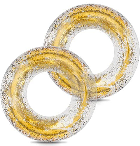 2Pcs Schwimming Ring Erwachsene, Sternenklarer Himmel Regenbogen Pailletten Schwimmenring, Transparenter Floating Ring,Dauerhafter Aufblasbarer Pool Schwimmen (Gold)