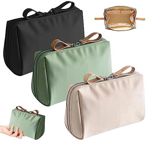Lot de 3 trousses de maquillage en nylon - Petite trousse de maquillage de voyage avec compartiments - Sac de rangement étanche et léger - Trousse de toilette de voyage pour le rangement, Vert, noir,
