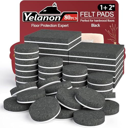 Yelanon Felt Furniture Pads - 80 Pcs Anti Scratch Floor Protectors for Hardwoods, Self Adhesive, Black