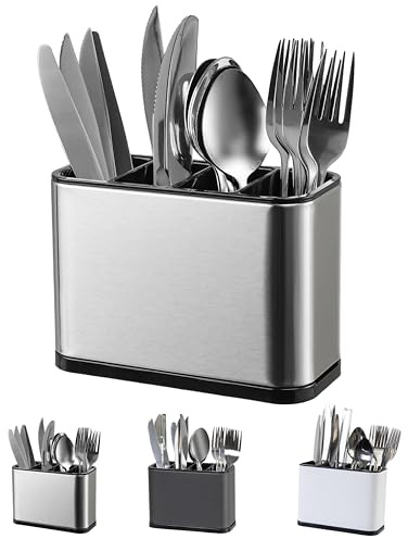 LIBODOUR Besteck-Organizer, Küchenutensilienhalter für Theke, Edelstahl-Caddy mit 4 Fächern, Kapazität, Besteckhalter, Löffel, Gabel, Werkzeug, Besteckhalter (silberfarben)