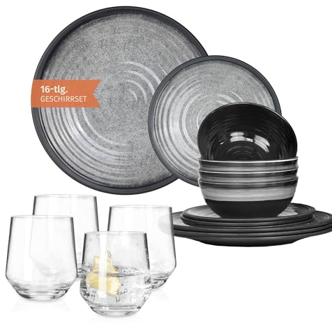 Melamin Camping Geschirr Set 4 Personen Stone Grey + 4 Milano Gläser Wassergläser Tafelgeschirr Picknick BBQ Kochgeschirr