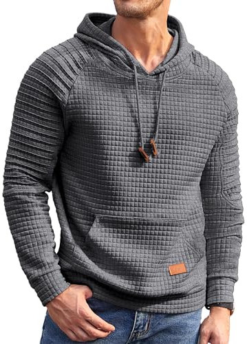 COOFANDY Men Hoodies Drawstring Sweatshirt Long Sleeve Plaid Jacquard Hoody Sport Dark Grey M