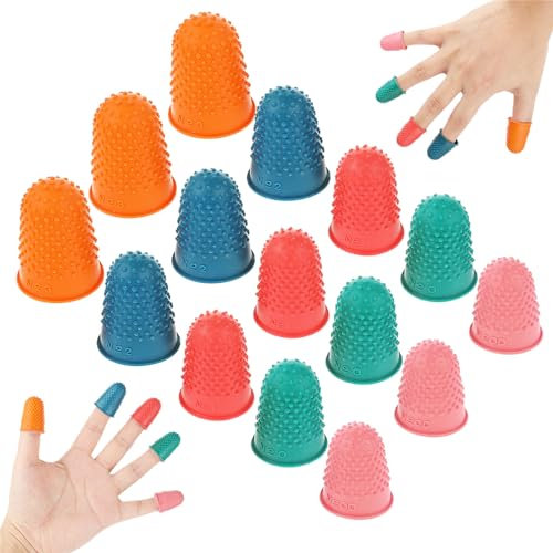 Rubber Fingers Tips, 15 Pieces Silicone Finger Protectors, Thimble Protectors Sleeve Tips Guard Fingertip Thumb Cots Pads for Hot Glue Embroidery Sewing Cutting Sorting Task Sport Colorful 5 Sizes