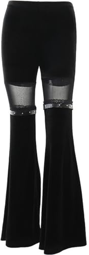 CHOUBAGUAI Gothic-Spitzen-Flare-Hose, Schnürung, Patchwork, schmale Hose, modische Bandage, seitlich durchsichtig, europäischer Stil, lässige Schlaghose für Damen, Stil 5-XXL