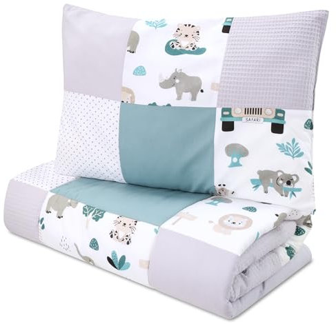 Kinder Bettdecke ohne Bezug 100x135 cm - Baumwolle Baby Decke und Kissen Set Kinderdecke 100 x 135 und Kopfkissen 60 x 40 - Bettdecken Kinderbettdecke für Babybett Patchwork Afrika Hellgrau