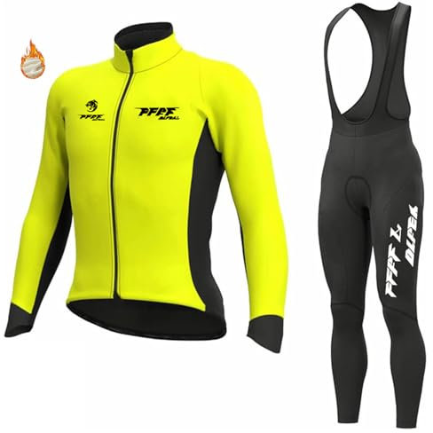 Abbigliamento Ciclismo Uomo Invernale Tuta da Ciclista Manica Lunga Completo MTB Bici,Maglia Bicicletta Termico Vello Giacca e Pantaloni Salopette con 9D Imbottiti Gel (F,XL)