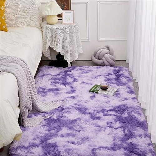 Hiseng Teppich Wohnzimmerteppich Luxus Langflor Weich Flauschig Teppiche Anti-Rutsch-Shaggy-Bereich für Wohnzimmer flauschig Shaggy Schlafzimmer Bettvorleger (60x160cm,Tie-Dye Violett)
