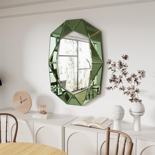 Artloge Wandspiegel Groß Diamant Luxus Spiegel, Grün Dekorative Spiegel Modern Wand Dekor Aesthetic Glasspiegel für Badezimmer, Wohnzimmer, Flur 100×72 cm