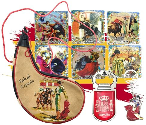 Pack de Bota de Vino 1,5 litros, con 6 Posavasos, Abridor de imán y Llavero de Torero (Pack Bota con Posavasos Toros)