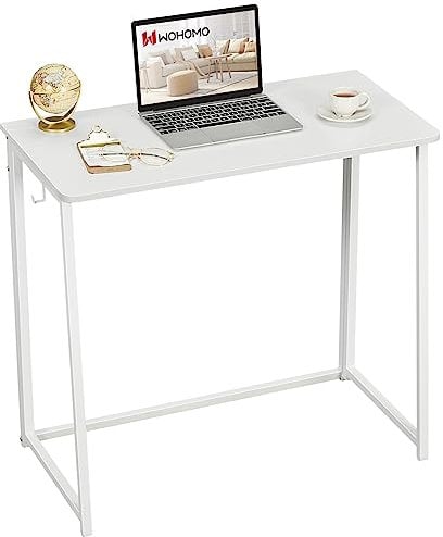 WOHOMO Folding Desk,80cm Small Desk for Small Spaces,Easy Assemble Foldable Computer Desk for Laptop,Mini Portable Working Table Narrow Wooden Writing Workstation for Home Office,White