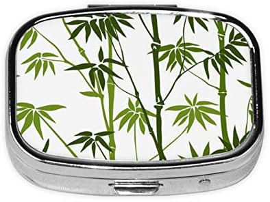 LAMAME Green Bamboo Print Tropical Nature Plant Printed Square Pill Box 2 Compartment Mini Pill Box Portable Travel Pill Organizer
