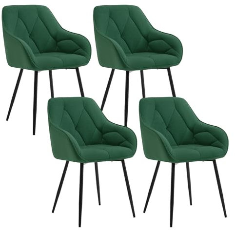 WOLTU 4er Set Esszimmerstühle, Küchenstuhl, Stuhl Esszimmer Wohnzimmer, ergonomischer Sessel, Armlehnstuhl, Polsterstuhl, Sitzfläche aus Samt, Metallbeine, Dunkelgrün, EZS02dgn-4