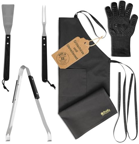 PizhKa® - Kit Barbacoa Cocina Delantal Talla Grande Resistente Agua Bolsillos Guante Antideslizante Utensilios Acero Inoxidable Tenedor Espátula Pinza Ideal Chef Parrilla Fabricado UE