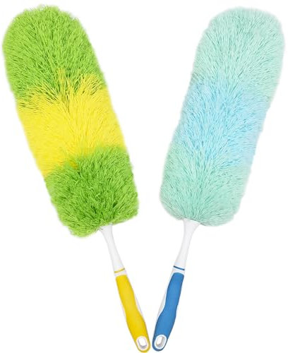 HDongany 2 Pack 20-inch Microfiber Cleaning Dusters with Non-Slip Handles, Bendable Heads, Feather Duster for Household, Office, Car Cleaning, Green/Blue/Yellow