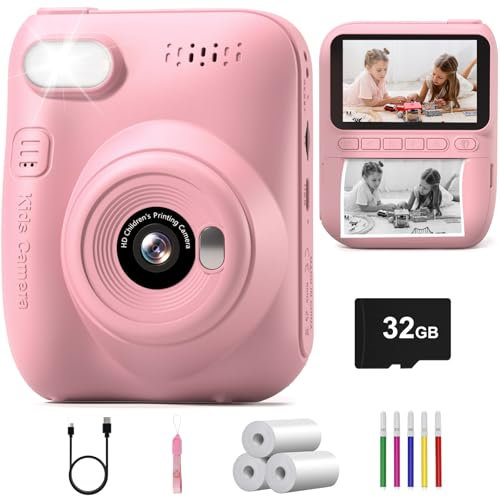 Hangrui Camara Fotos Infantil Instantanea, 3.0 HD 1080P Camara Fotos Infantil con Tarjeta de 32G, Cámara Instantánea para Niños con Papel de Impresión y Bolígrafos de Colores, Regalos Juguete