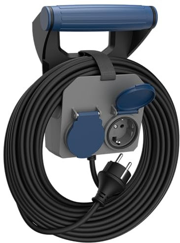 SIMON - Prolongador Expert, Alargador Enchufe 10 Metros, 2 Tomas con Tapa, Asa de Transporte, Fijación a Pared, Enrollador de Cable, Apto Exteriores (IP44), Color Negro y Gris