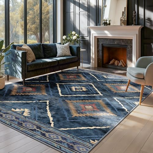 DEFYNEE Machine Washable Rugs Living Room 120x180 cm, Kitchen Rugs Non Slip Washable, Soft Short Pile Vintage Blue Rugs for Bedroom, Moroccan Rug for Hallway, Diningroom, Blue