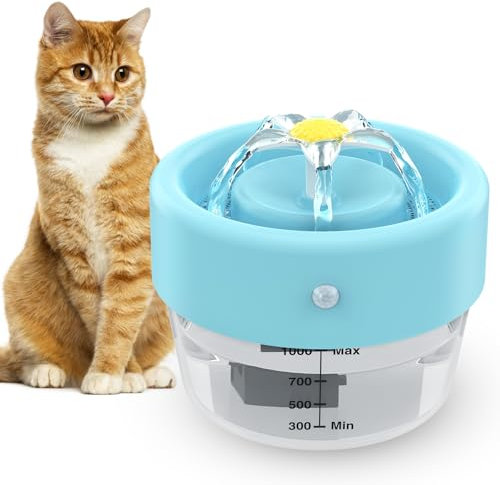 Jewyow Katzenbrunnen Kabellos, 1L Ultraleiser Katzenbrunnen,1000mAh Batteriebetriebene Katzenbrunnens mit Bewegungsmelder, Filter, Zwei Auslaufmodus,120 Weitwinkel Indukor für Katzen, Hunde-Blau