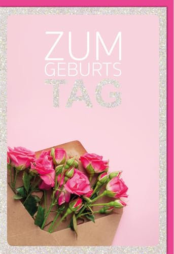 Geburtstagskarte mit Umschlag Zum Geburtstag Glitzerrahmen rosa Hintergrund Blumenstrauß Rosen in einem Umschlag stilvoll elegant für besondere Anlässe hochwertige Qualität mit Umschlag