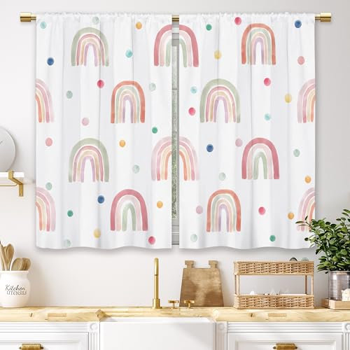 Laifzere - Tende da cucina rosa boho arcobaleno, piccole, corte, adatte per bambini, a pois, graziose tende colorate per finestra, adatte per bagno, tasca per asta, 2 pannelli (69,8 x 99 cm)