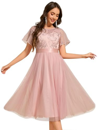 Ever-Pretty Robe Demoiselle d'honneur Femme Midi Tulle Broderie Col Rond Manches Courtes Cérémonie Rose 46