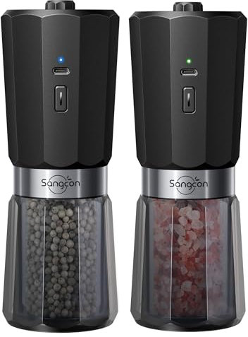 Sangcon 2-Speed Gravity Electric Salt and Pepper Grinder Set, 800mAh Large Capacity Rechargeable Pepper Grinder, 5 Levels of Externally Adjustable Coarseness, One-Handed Operation Automatic Grinding