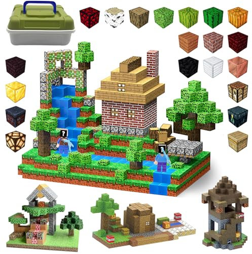 Lnxquizzic Magnetische Bausteine 120 Stück,2 Miner Figur,Zomblock Magnetblöcke für Kinder, Baue Meine Magnetwelt, STEM Montessori Sensorikspielzeug, Geschenke Magnetbausteine für Kinder ab 3 Jahren