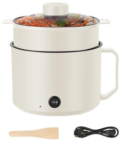 Electric Hot Pot with Steamer and Wooden Shovel, 1.8L Non Stick Ramen Cooker, 2 Gear Rapid Noodles Cooker with Overheat Boil Dry Protection for Pasta Dumpling Soup Steak(Beige White)