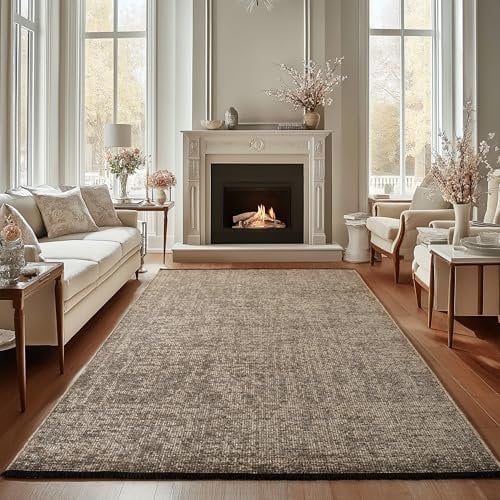 Carpettex Chenille Teppich Baumwolle Beige 240x340 cm Boho-Stil, Vintage Kelim, Waschbar, Kurzflor, rutschfest & Weich, Einfarbig Meliert, Für Wohnzimmer, Schlafzimmer, Büro & Küche