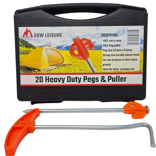 ESW LEISURE 20 Heavy Duty Tent Pegs With Free Carry Case, For Hard Ground Camping Awnings Gazebos Bivvy Steel Guyline Rope (ESW LEISURE 20 Orange Pegs & Puller With Free Case)
