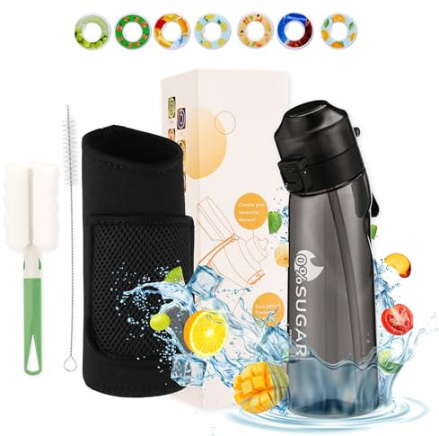 Air Scent Flavoured Water Bottle With 7 Flavour pod | BPA-Free, Scented, 0 Sugar & 0 Calorie | Ideal Sports Bottle for Fitness, Outdoor & Gym | Fruit Fragrance Starter Set (BLACK)