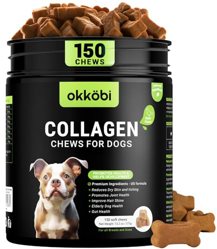 OKKÖBI Collagen for Dogs - 150 Chews - Joint, Skin & Coat Supplement with Hyaluronic Acid, Eggshell Membrane & Vitamin C - Daily Hip & Joint Support for Senior Dogs & Puppies - Duck