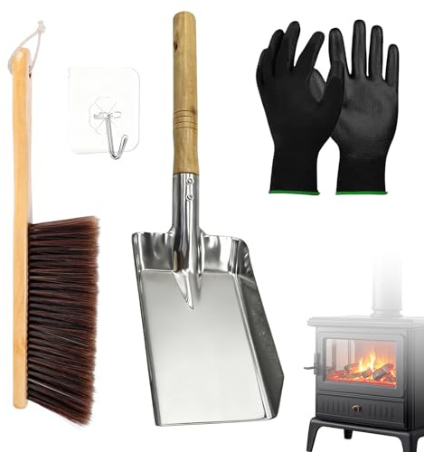 Kamin-Ascheschaufel und Bürsten-Set, mit isolierten Handschuhen, Kaminwerkzeug-Set mit Schaufel, Besen - für Kamine, Holzöfen 37 * 10 cm