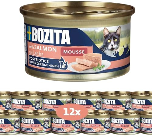 Bozita Mousse MSC Lachs – 12x85g Nassfutter für Katzen in feiner Mousse-Textur mit Lachs - getreidefreie Rezeptur, ohne Zuckerzusatz und Farbstoffe - mit Postbiotika zurunterstüzt die Darmflora