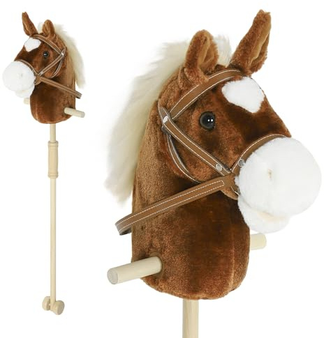 AIYAPLAY Cavallo con Bastone e Suoni Realistici per Bambini 24+ Mesi, Cavallo Giocattolo a Rotelle in Poliestere, Schiuma e Legno, 95x25x27 cm, Marrone