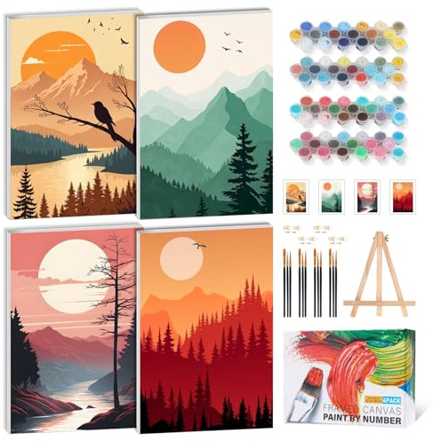 4 Pack Paint by Numbers for Adults with Frame, Mountain Painting Kit | DIY Acrylic Painting Craft for Beginners, with Wooden Easel, Relaxing Craft, Mountain Wall Decor, Gift Idea, 8 x 12 inch