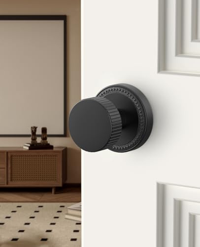 Amerdeco 1 Pack Matte Black Privacy Door Knobs with Lock, Door Handles with Champagne Bronze Door Knobs Interior for Bedroom or Bathroom, Heavy Duty Door Lever for Left Right Sided Doors AM054