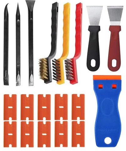 19Pcs Non-Scratch Scraper Tool Set -Multi-Purpose Cleaning Kit with 10 Replacement Blades, 2 Oven Scrapers & 3 Wire Brushes for Removing Stickers, Labels, Paint, Stains on Glass, Appliances, Furniture