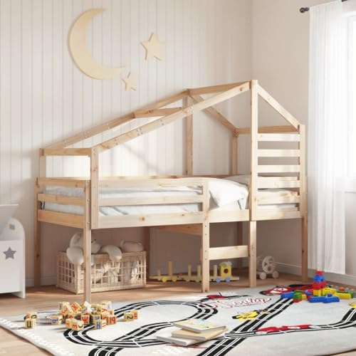 QJBSAVVA Hochbett Kiefer massiv 195,5x95,5x89 cm mit Lattenrost und Dachgestell, Modernes Design, Robust & Langlebig für Kinderzimmer und Gästezimmer